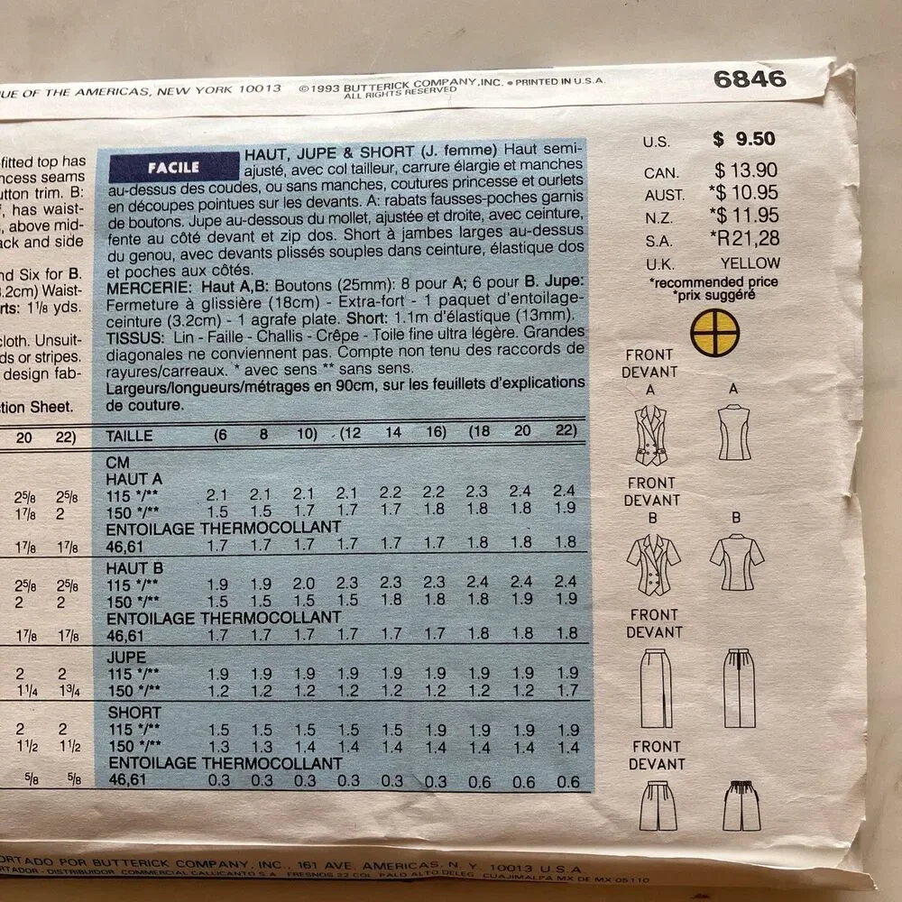 Butterick Pattern‎ 6846 Women’s Top Skirt & Shorts Size 12-14-16 Uncut
